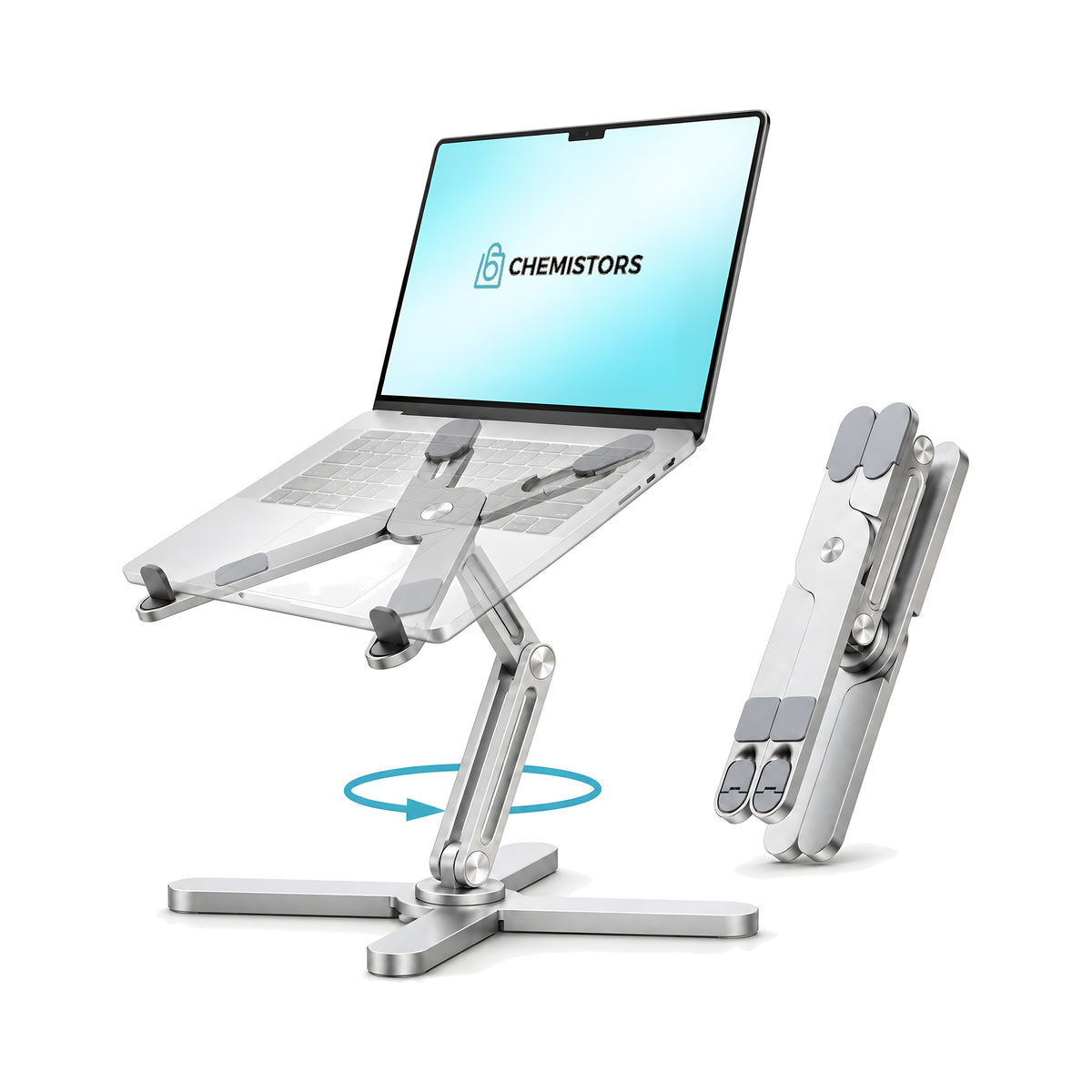 Chemistors Axis 360 laptop stand in Silver holding a laptop, with a second stand folded flat