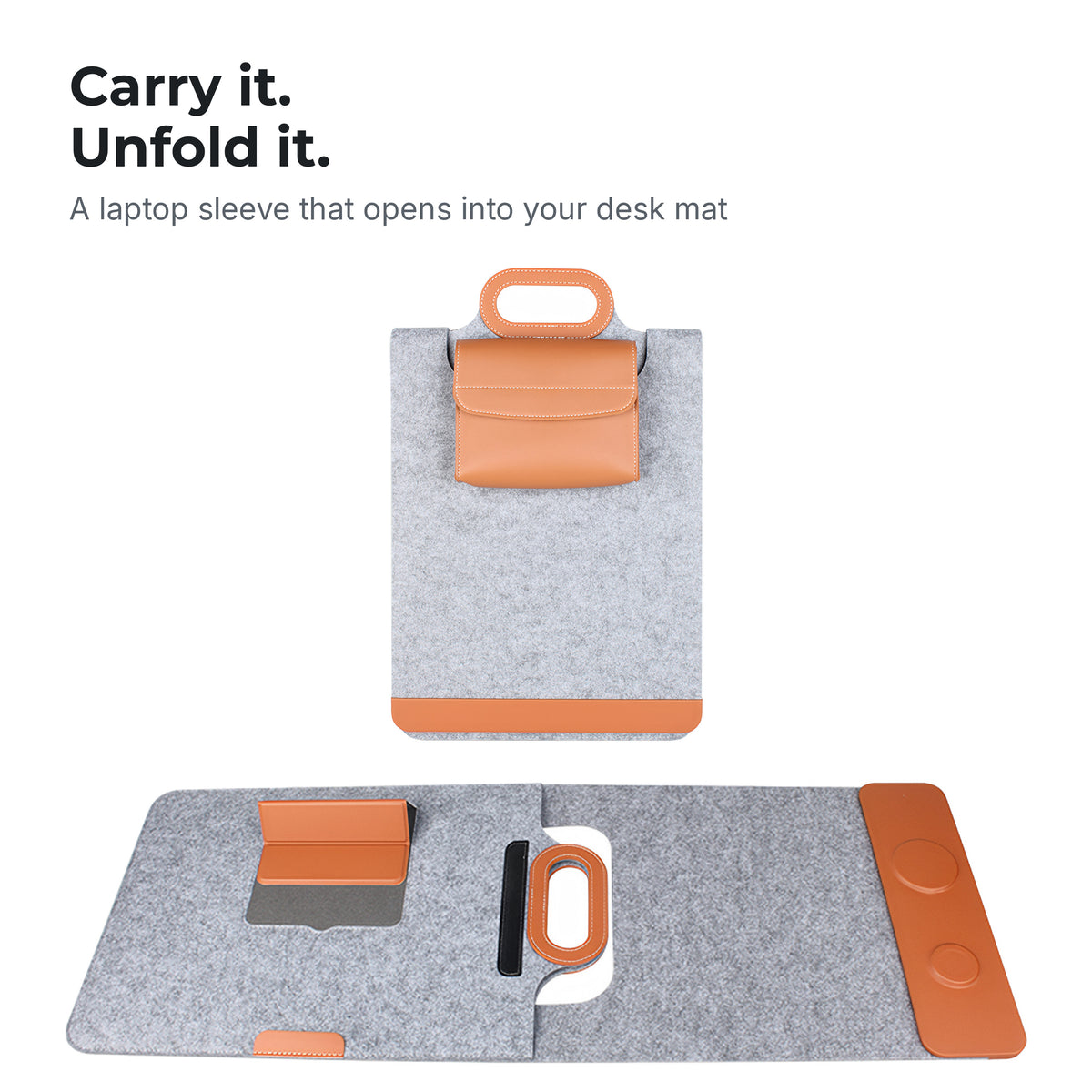 Grey Chemistors Unfold sleeve closed with its tan pouch, and the same sleeve opened flat as a desk mat