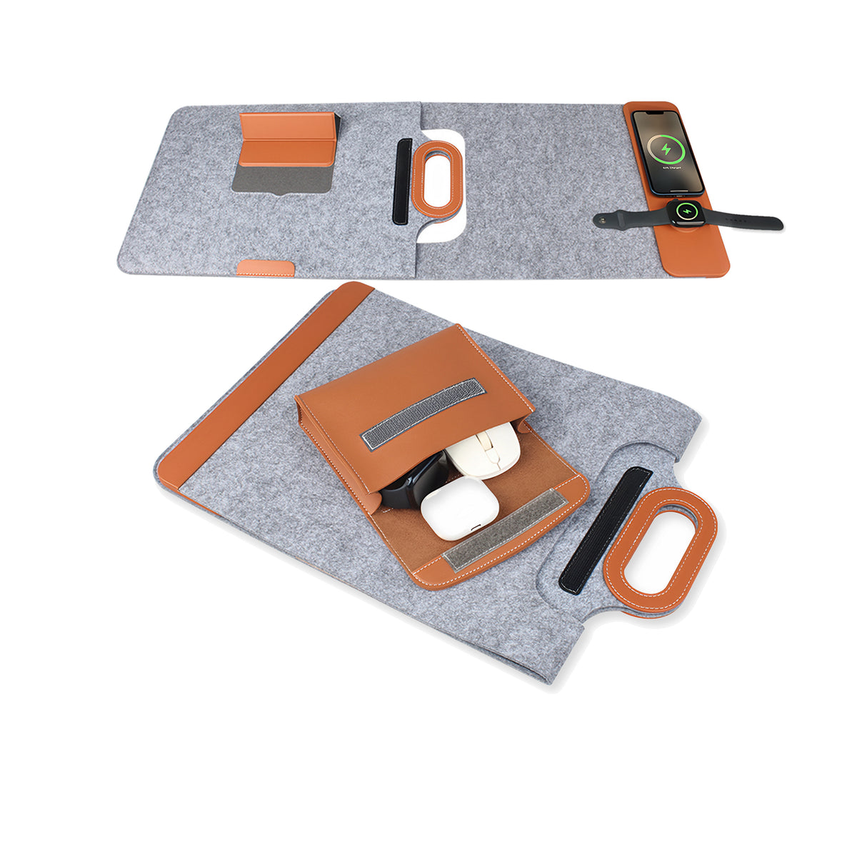 Chemistors Unfold light grey felt laptop sleeve lying flat with its tan pouch open holding a mouse and earbuds, and the same sleeve opened as a desk mat with a phone and watch charging