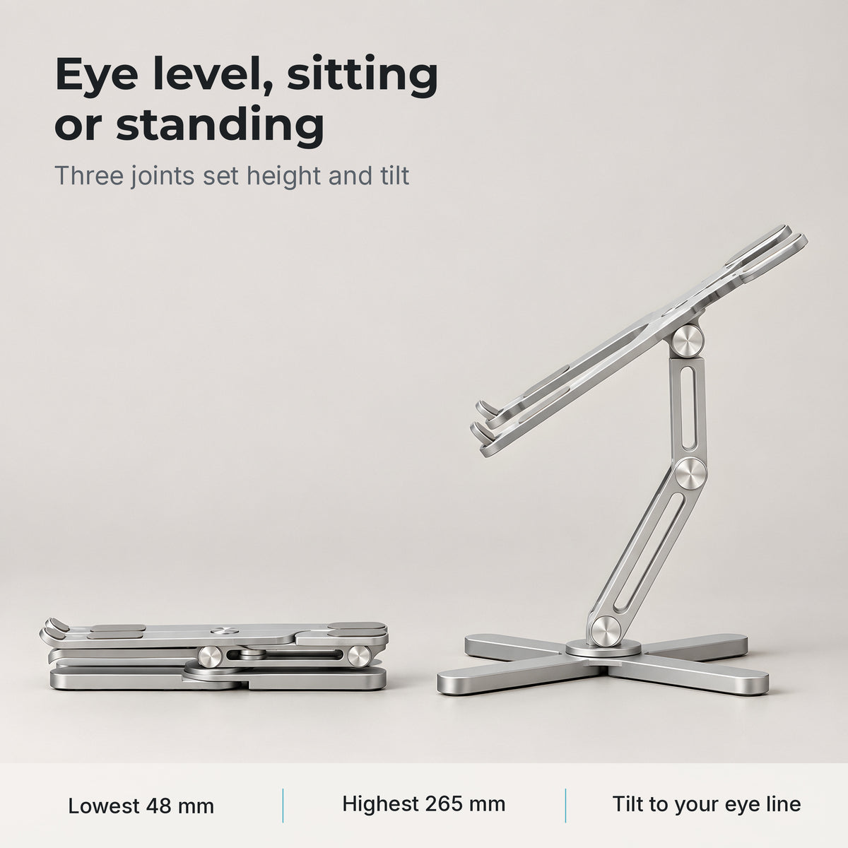 Axis laptop stand height adjusts from 48 mm to 265 mm for sitting or standing