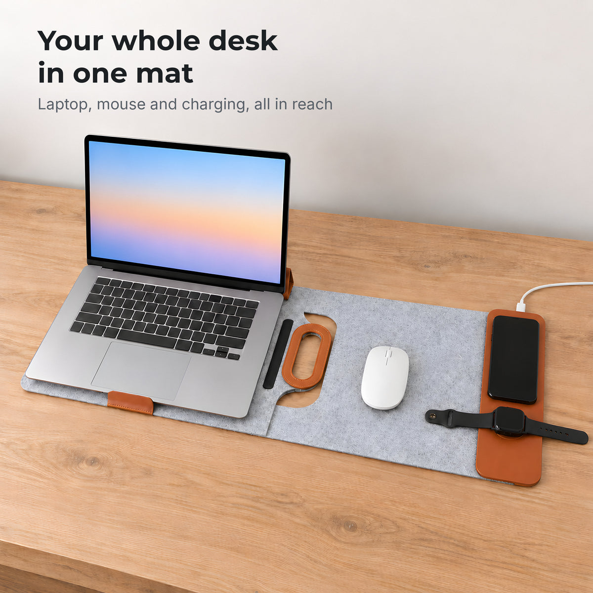 Your whole desk in one mat: laptop, mouse, phone and watch on the grey Unfold mat