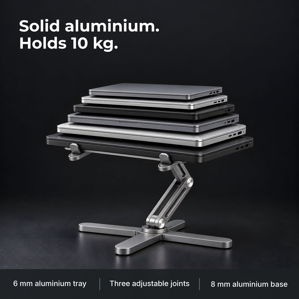 Solid aluminium Axis laptop stand holding a stack of six laptops, 10 kg load, 6 mm tray and 8 mm base