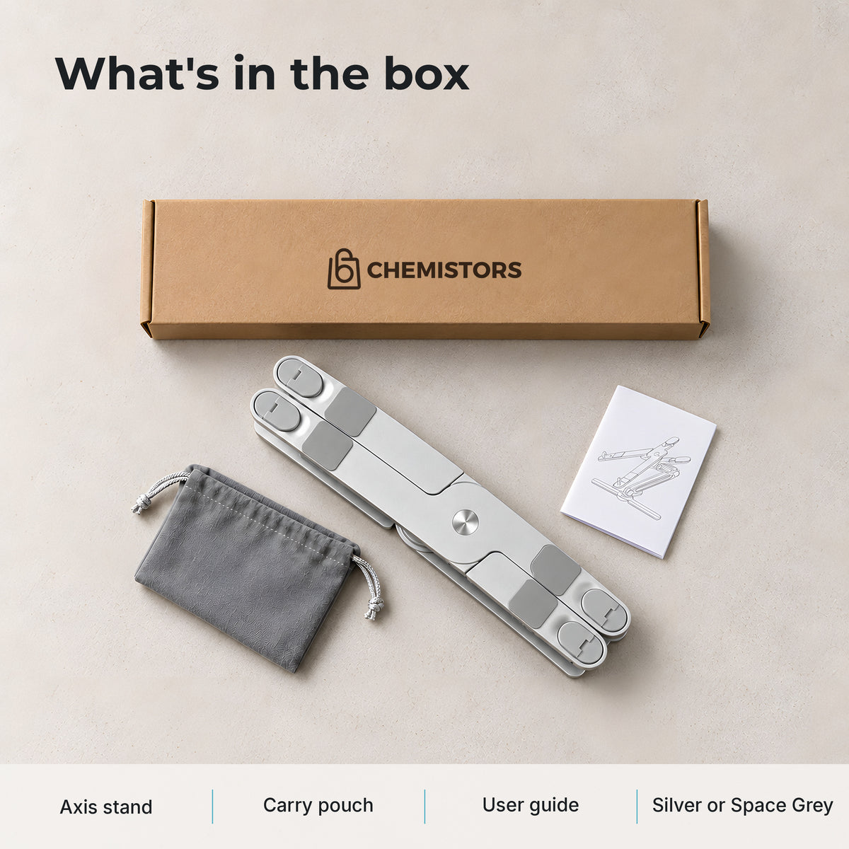In the box: Axis stand, carry pouch and user guide, in Silver or Space Grey