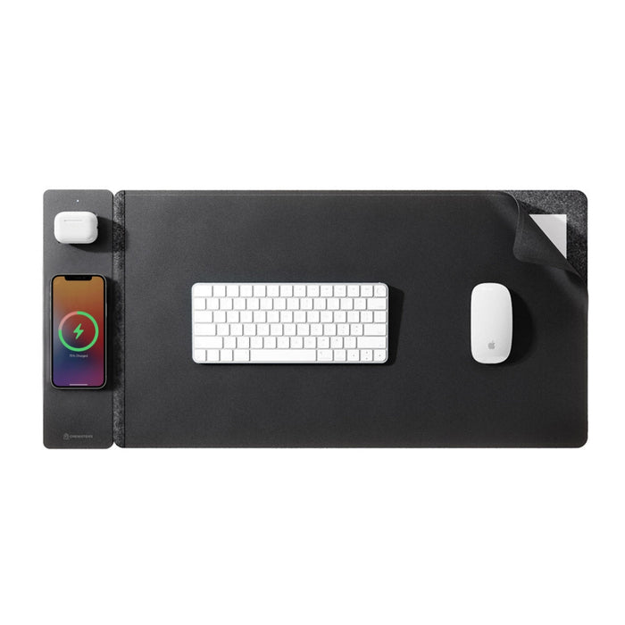 Black wireless charging desk mat with keyboard and mouse