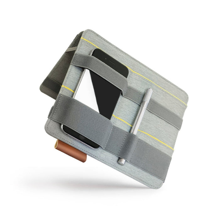 Grey desk organiser folded into a tablet stand