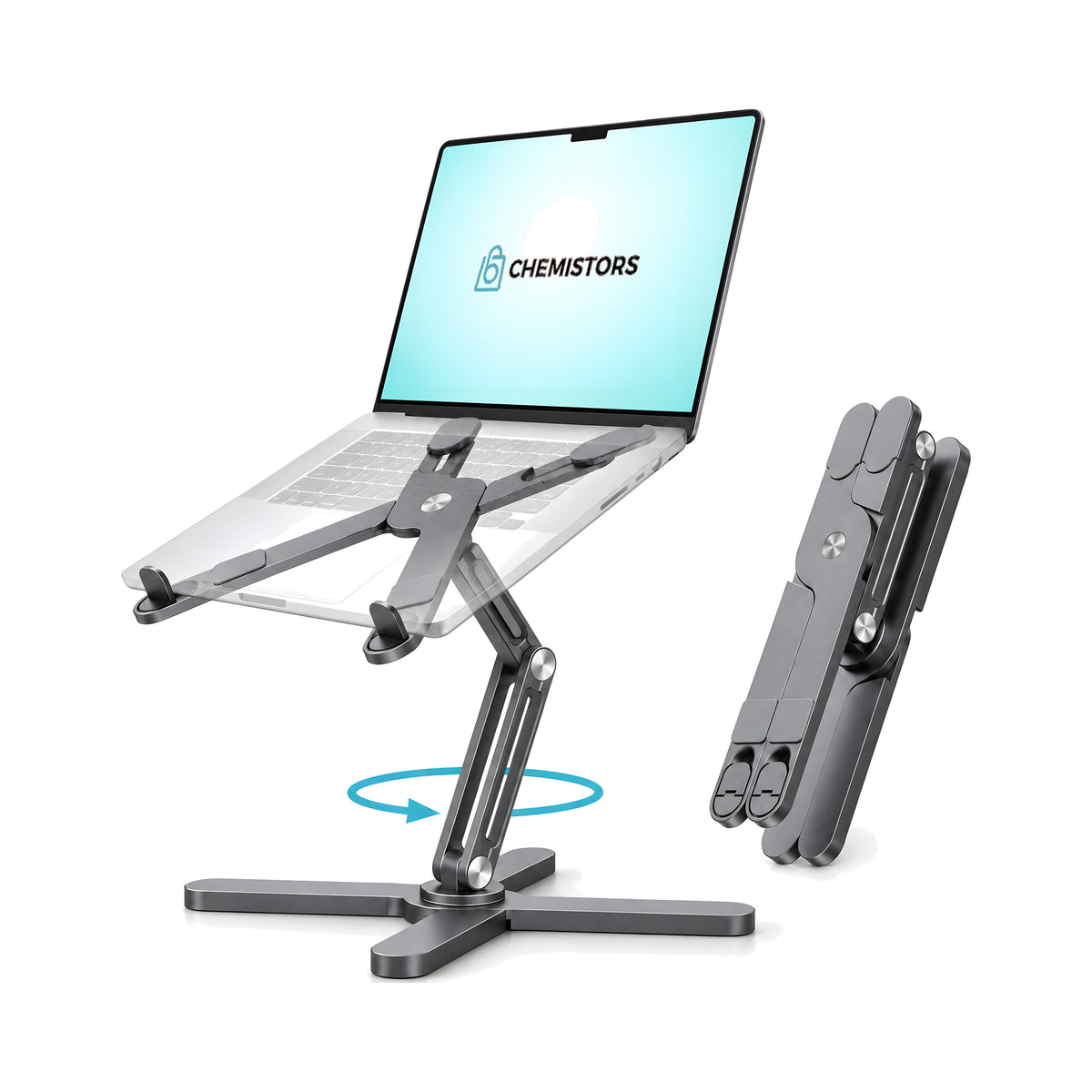 Chemistors Axis 360 laptop stand in Space Grey holding a laptop, with a second stand folded flat