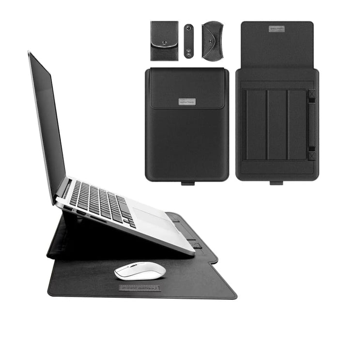 Black laptop sleeve opened as a stand and mouse pad