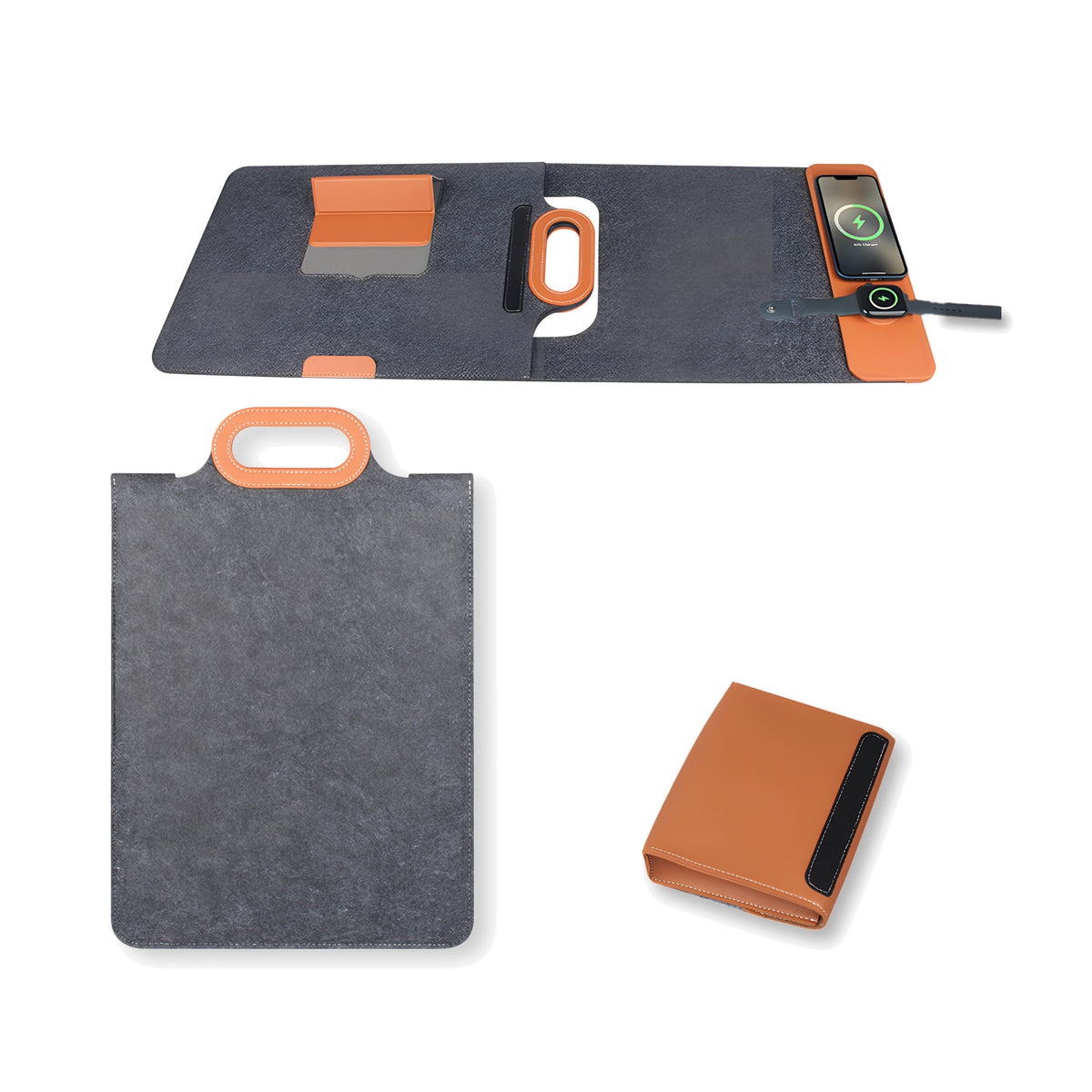 Chemistors Unfold charcoal black felt laptop sleeve, the same sleeve opened flat with a phone and watch charging on its wireless pad, and the detachable tan pouch