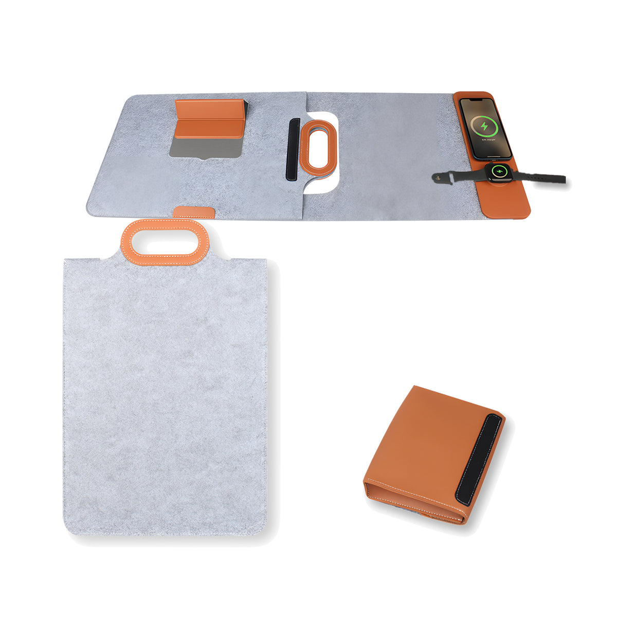 Chemistors Unfold light grey felt laptop sleeve, the same sleeve opened flat with a phone and watch charging on its wireless pad, and the detachable tan pouch